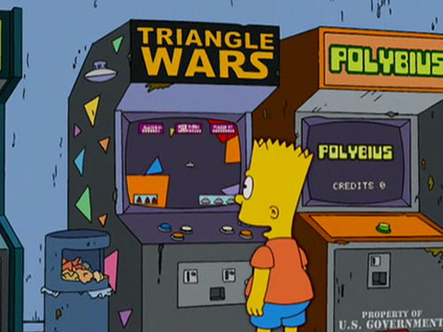 Guiño en 'Los Simpsons' a 'Polybius' (nótese el "Propiedad del Gobierno de EE.UU.")